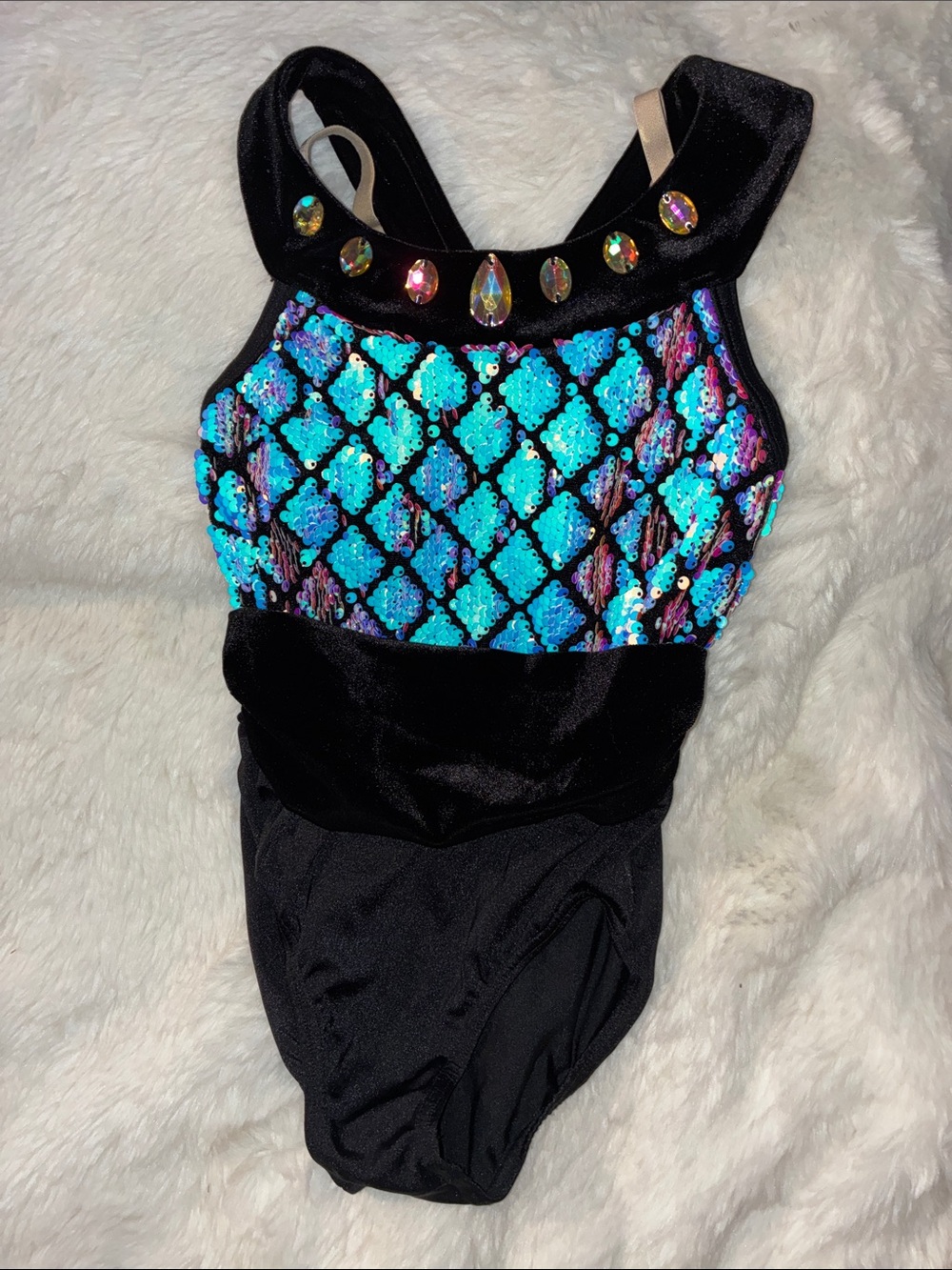 Girls Black Dance Leotard with Iridescent Blue Sequins
